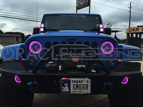 Front end of a Jeep with multiple Surface Mount Squared Halo w/ 20W ORACLE LED Spot Lights installed on the dash.