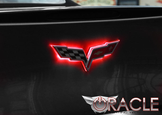Close-up of Chevrolet C6 Corvette Illuminated Emblem with red LEDs, installed on a C6 Corvette.