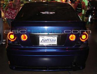 Rear view of Lexus IS300 with with glowing tail light halos