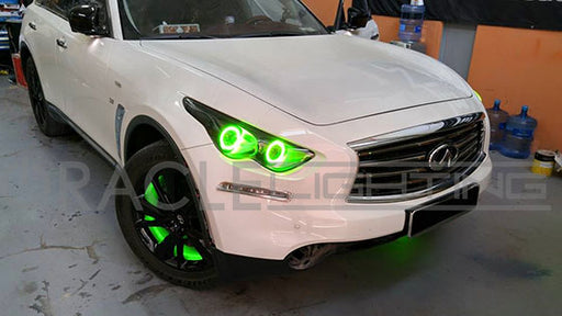 Front end of an Infiniti QX70 with green LED headlight halo rings installed.