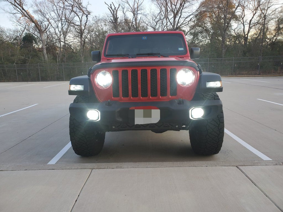 Jeep outdoors with bright LED headlights