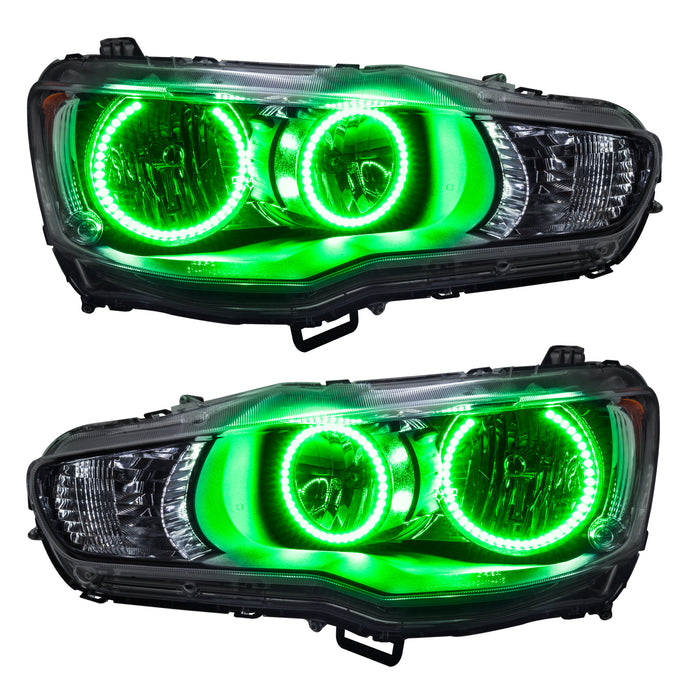 2008-2017 Mitsubishi Lancer Pre-Assembled Halo Headlights with green LED halo rings.