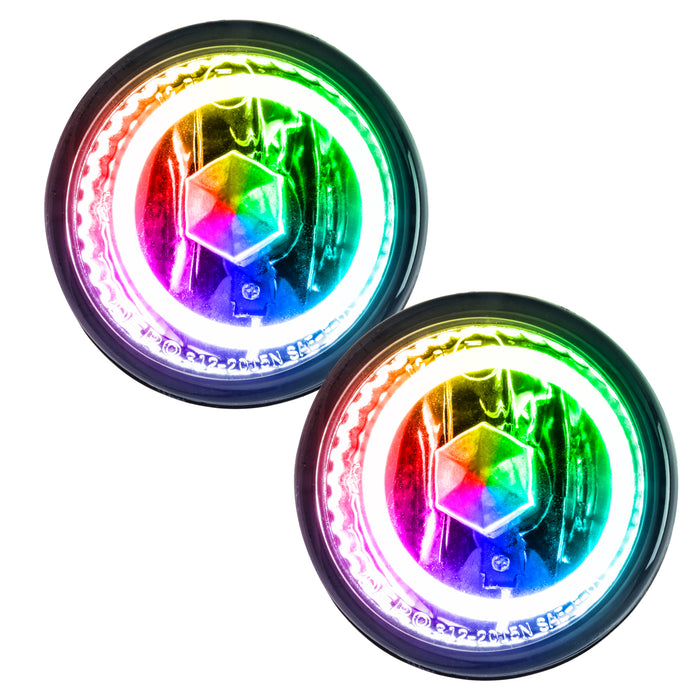 Subaru Legacy fog lights with rainbow LED halo rings.