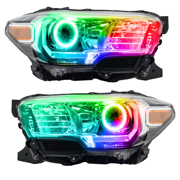 Toyota Tacoma headlights with rainbow LED halo rings.