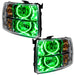 Chevrolet Silverado headlights with green LED halo rings.