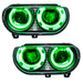 2008-2014 Dodge Challenger Pre-Assembled Headlights - HID with green LED halo rings.