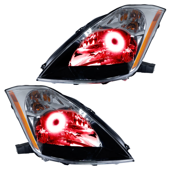 2003-2005 Nissan 350Z Pre-Assembled Headlights - HID Style with red LED halo rings.