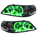 Lincoln Town Car headlights with green LED halo rings.