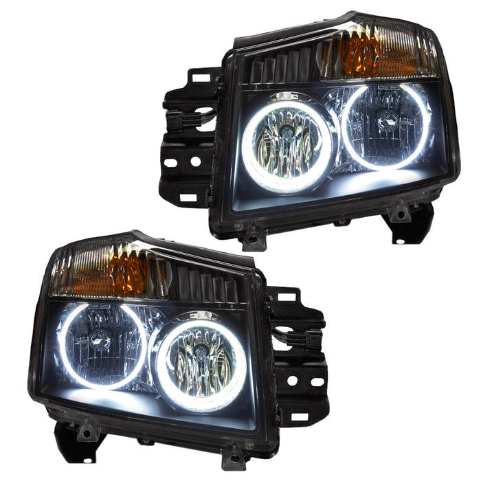 2008-2015 Nissan Titan Pre-Assembled Halo Headlights with white LED halo rings.