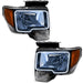 Ford F-150 headlights with white LED halo rings.
