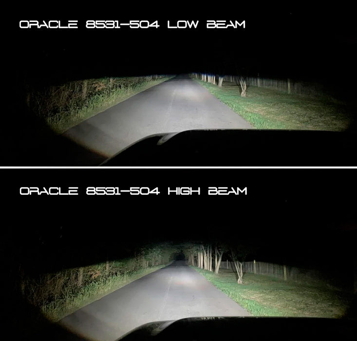 Side by side of low beam versus high beam