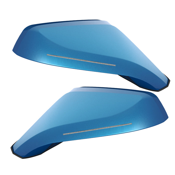 2010-2015 Chevrolet Camaro Concept Side Mirrors with aqua blue paint and clear lenses.