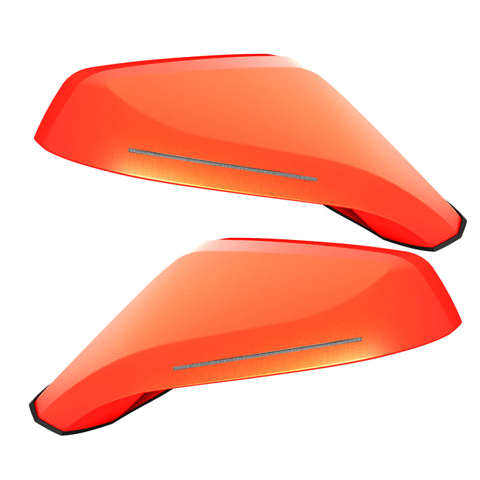 2010-2015 Chevrolet Camaro Concept Side Mirrors with bright orange paint and clear lenses.