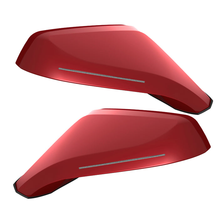 2010-2015 Chevrolet Camaro Concept Side Mirrors with light red paint and clear lenses.