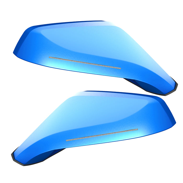 2010-2015 Chevrolet Camaro Concept Side Mirrors with bright blue paint and clear lenses.