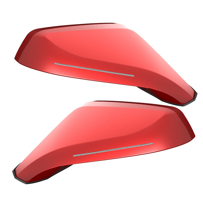 2010-2015 Chevrolet Camaro Concept Side Mirrors with light red paint and clear lenses.