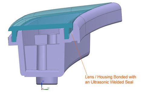 CAD render showing lens/housing bonded with an ultrasonic welded seal