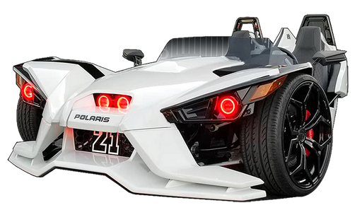 Three quarters view of a Polaris Slingshot equipped with red headlight halo rings.