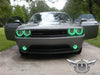 Front view of a silver Dodge Challenger with green LED headlight and fog light halo rings installed.
