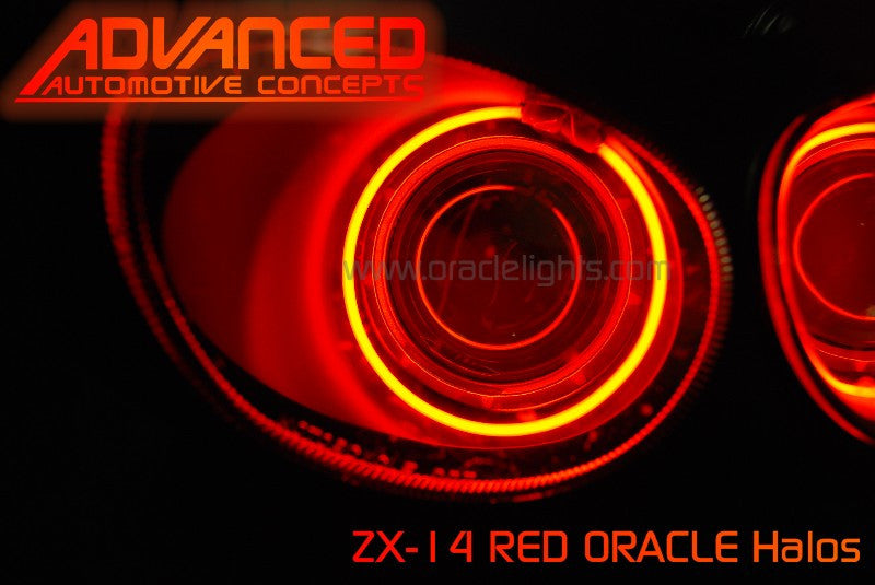 Close-up of Kawasaki ZX-14R Headlights with red LED halo rings.