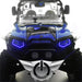 Front view of a Polaris RZR with blue headlight halos installed.