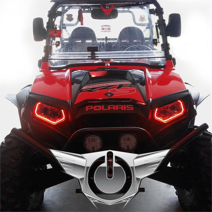 Front view of a Polaris RZR with red headlight halos installed.