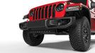 Rendering of a red Jeep Wrangler with LED Integrated Skid Plate installed, with white LEDs.
