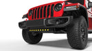 Rendering of a red Jeep Wrangler with LED Integrated Skid Plate installed, with yellow LEDs.