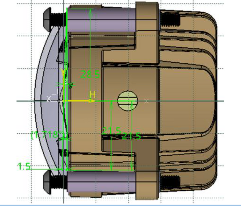 CAD render of fog beam module with measurements