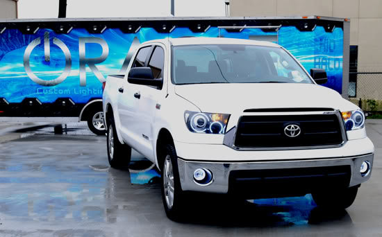 Toyota Tundra with white LED headlight halo kit installed.