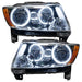 Jeep Grand Cherokee headlights with white LED halo rings.