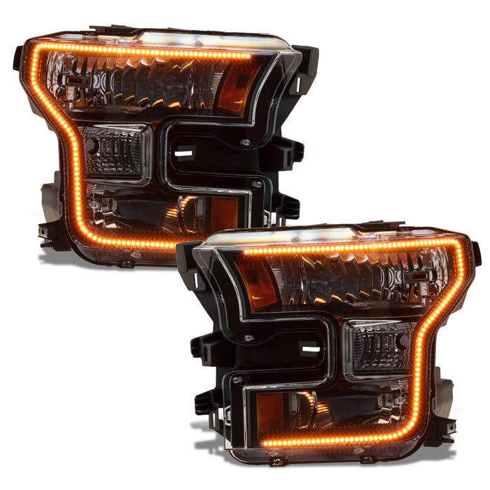 Ford F-150 headlights with amber DRLs.