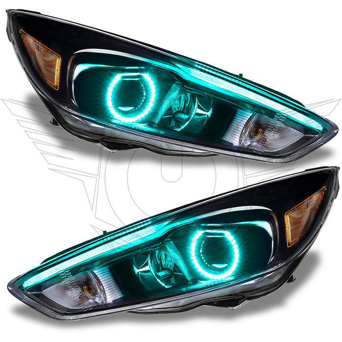 Ford Focus headlights with cyan halo rings.