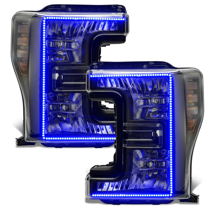 Ford SuperDuty headlights with blue DRLs.