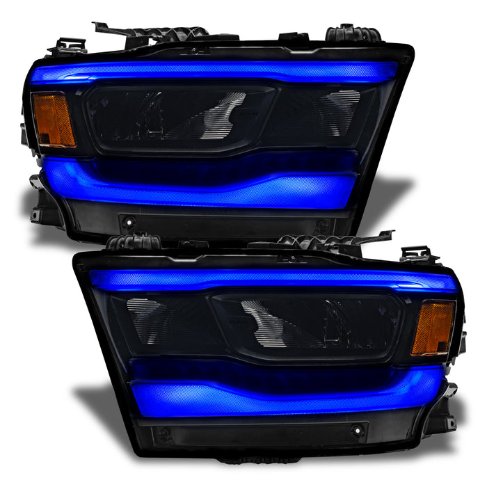Dodge RAM 1500 headlights with blue DRLs.