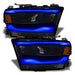 Dodge RAM 1500 headlights with blue DRLs.