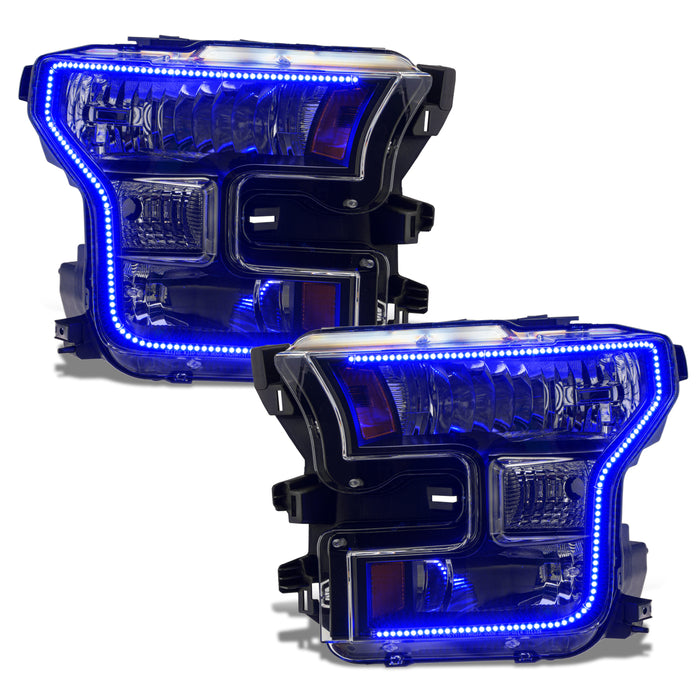 Ford F-150 headlights with blue halos.