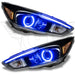 Ford Focus headlights with blue halo rings.