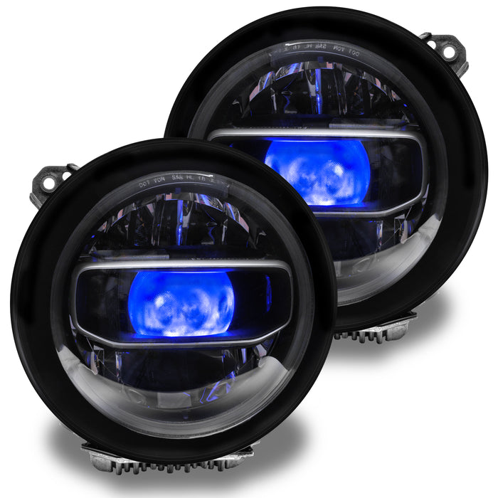 Jeep Wrangler JL headlights with blue "Demon Eye" Projectors.