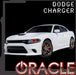 White dodge challenger with red projectors and ORACLE Lighting logo