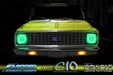 Front end of a Chevrolet C10 Truck with green LED headlight halo rings installed.