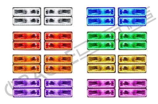 Grid view of GMC Yukon headlights showing different color LED halo rings.