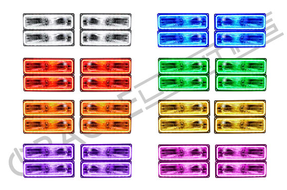 Grid view of GMC Sierra headlights showing different color LED halos.