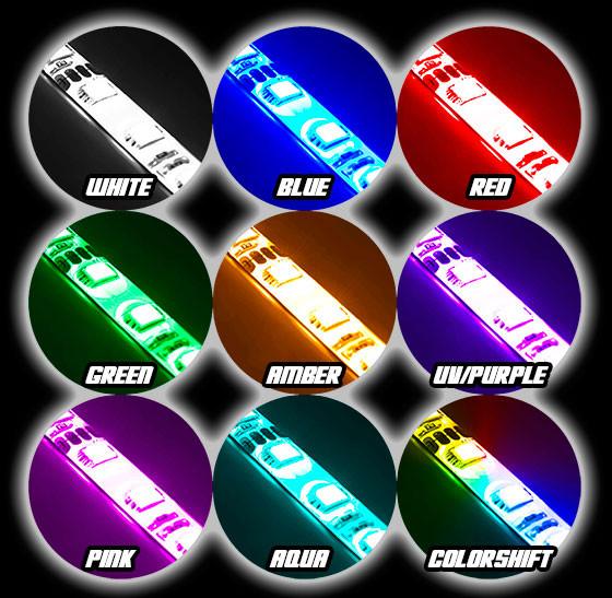 Grid view of LED flexible strips showing all different colors.