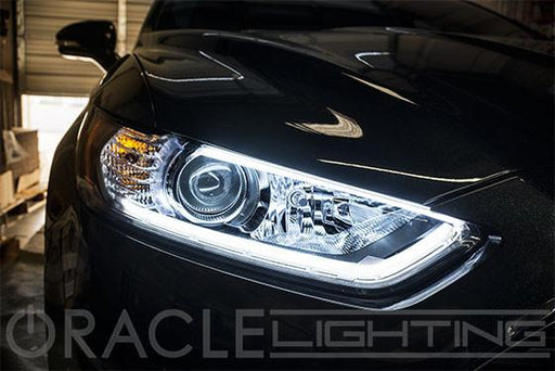Close-up on car headlight with LED accent DRLs