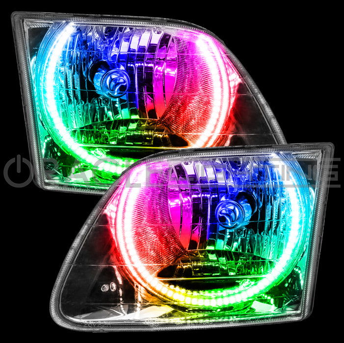 Ford F-150 Lightning headlights with rainbow LED halo rings.