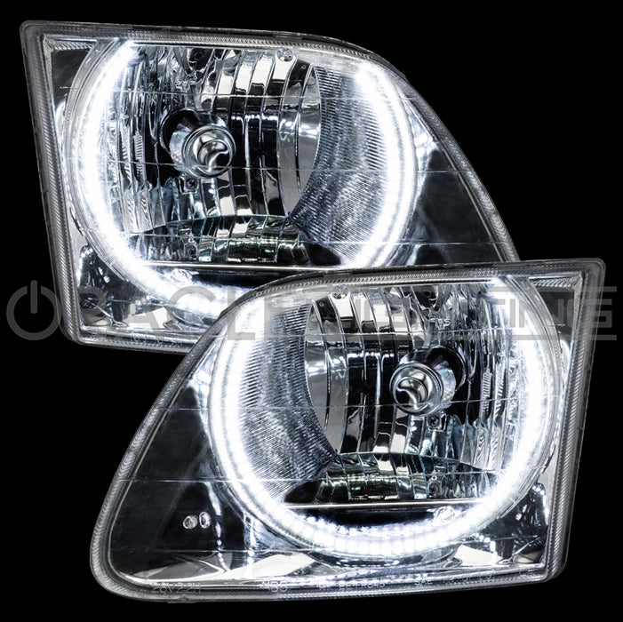 Ford F-150 Lighting headlights with white halo rings.