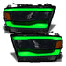 Dodge RAM 1500 headlights with green DRLs.