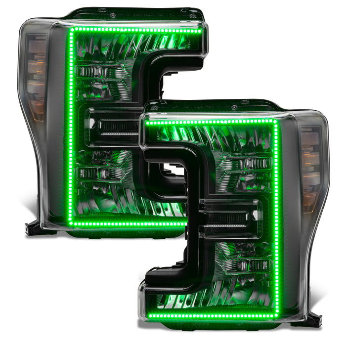 Ford SuperDuty headlights with green halos.