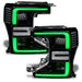 Ford Superduty headlights with green DRLs.